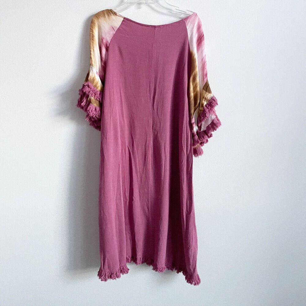 Umgee Size S Mauve Pink Tie Dye Frayed Short Sleeve Linen Blend Tunic Dress - Picture 5 of 6